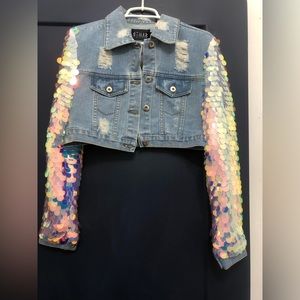 Distressed Cropped Denim Jacket with Sequin Sleeves